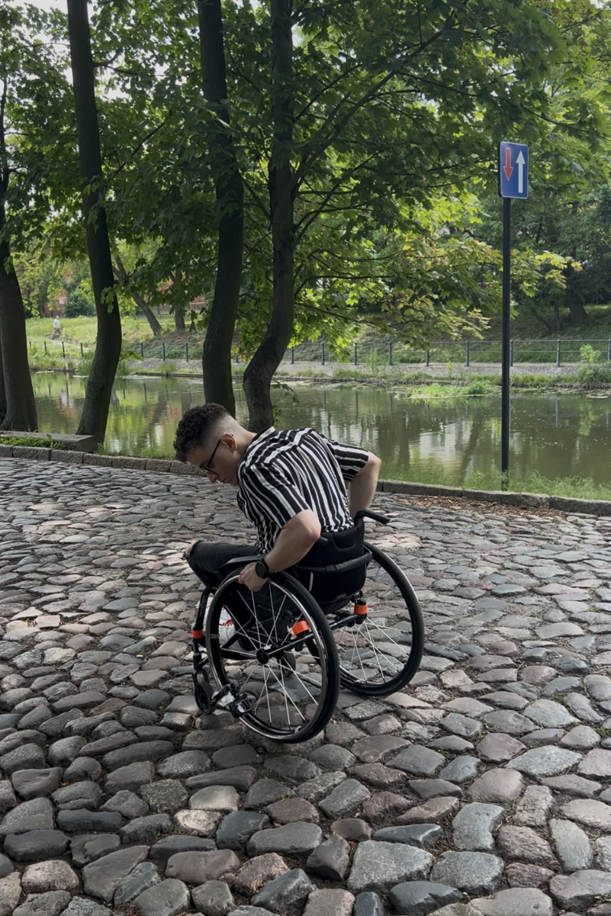 Meżczyzna na wózku na wybrukowanej drodze.